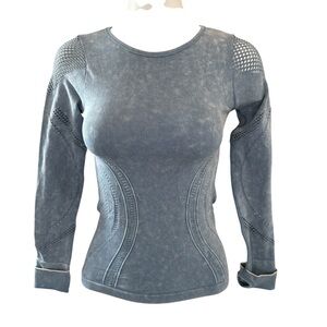 Denim blue distressed look stretch top with cutouts/mesh size M